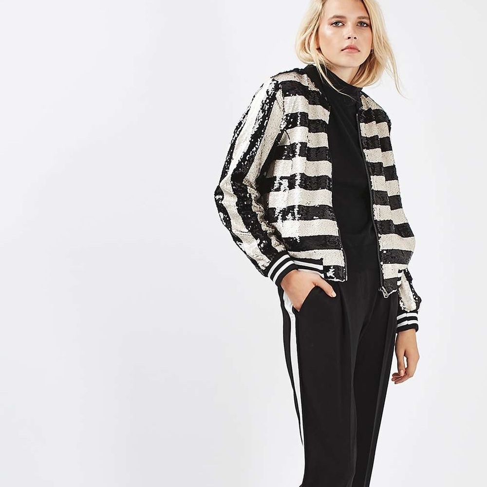 Topshop Black & White stripe sequin bomber
